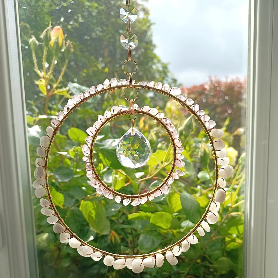 Handmade suncatcher with hoops, beads, a clear glass prism and chain