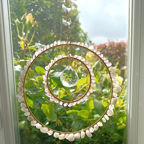 Handmade suncatcher with hoops, beads, a clear glass prism and chain