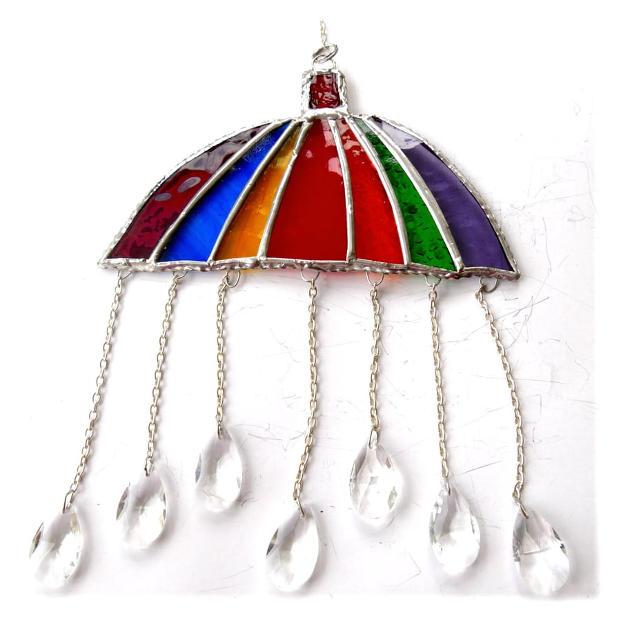 Umbrella Suncatcher Stained Glass Handmade Crystal Raindrops Rainbow
