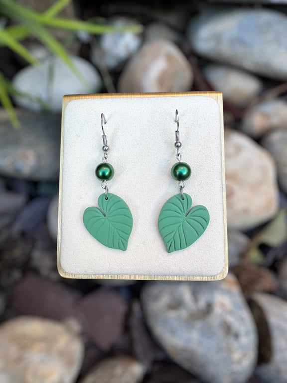 Sage Green Water Lily Leaf and Pearl Earrings