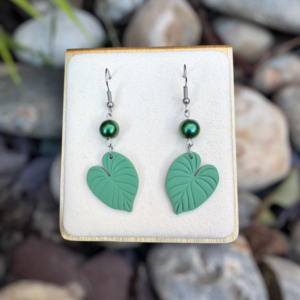 Sage Green Water Lily Leaf and Pearl Earrings
