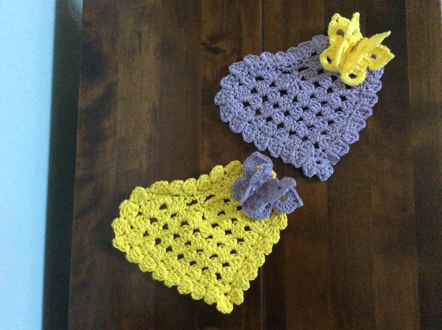 Set of 2 crochet hearts coasters with butterfly