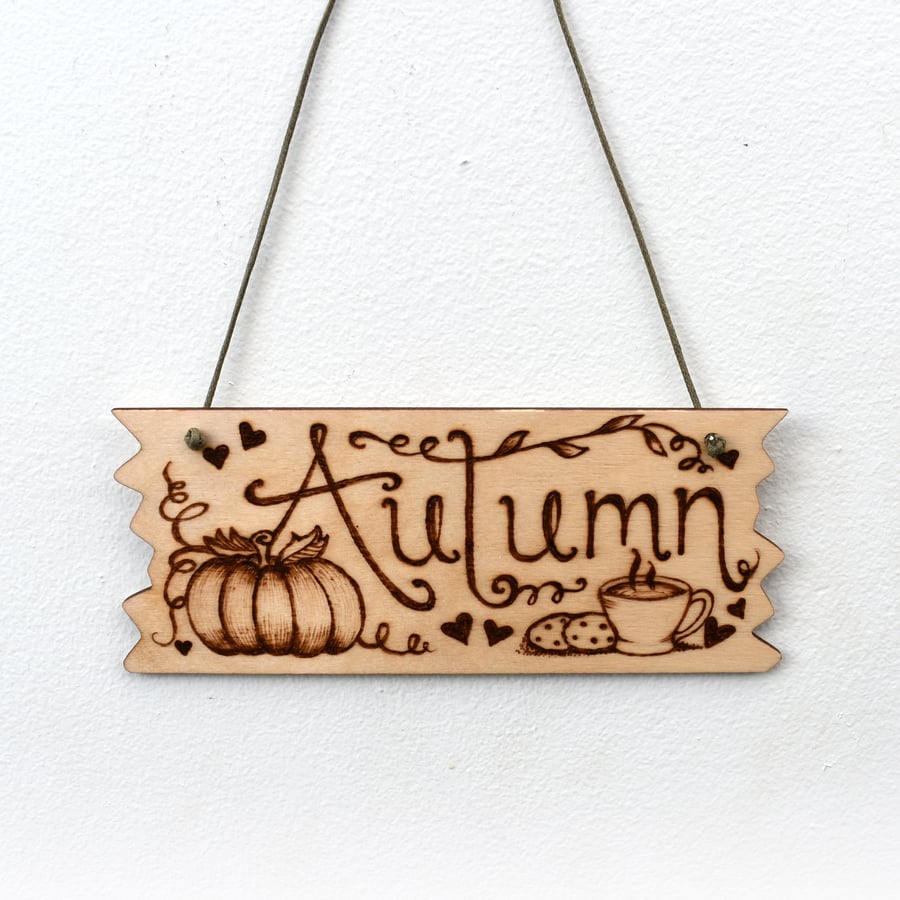 Rustic Autumn pyrography hanging plaque, with coffee and biscuit design.