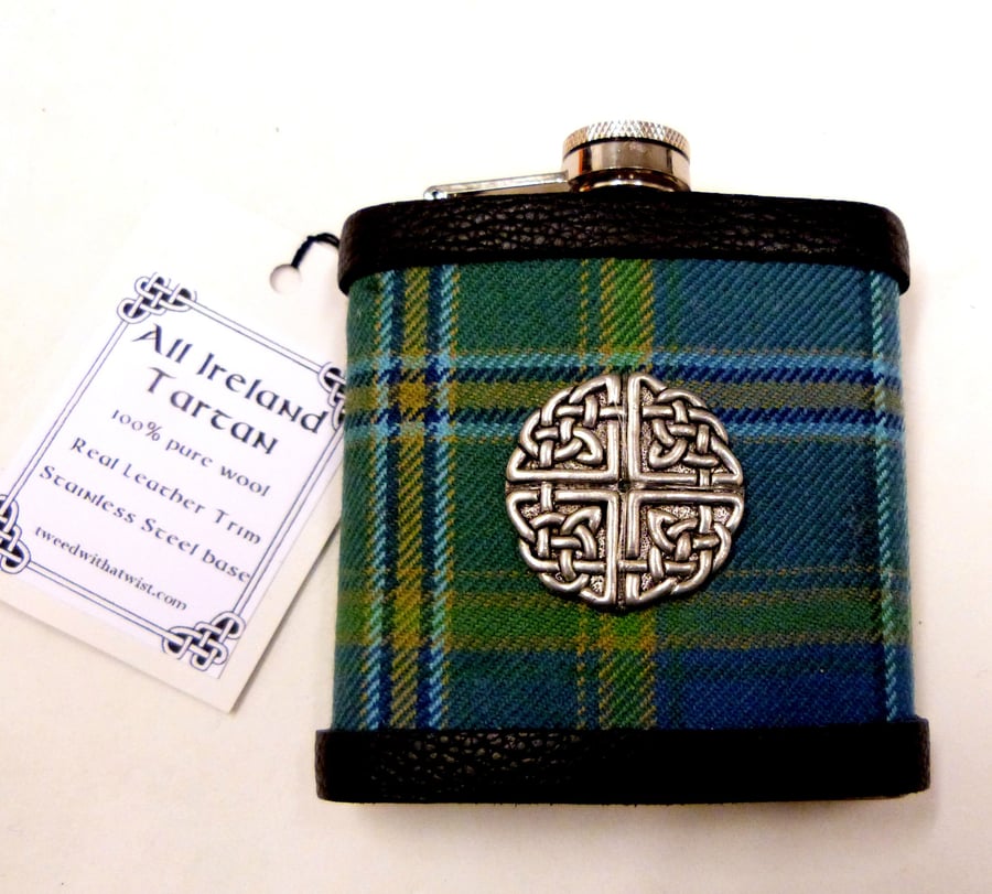 All Ireland Tartan hip flask with Celtic Knot in gift box, Scottish Irish gift