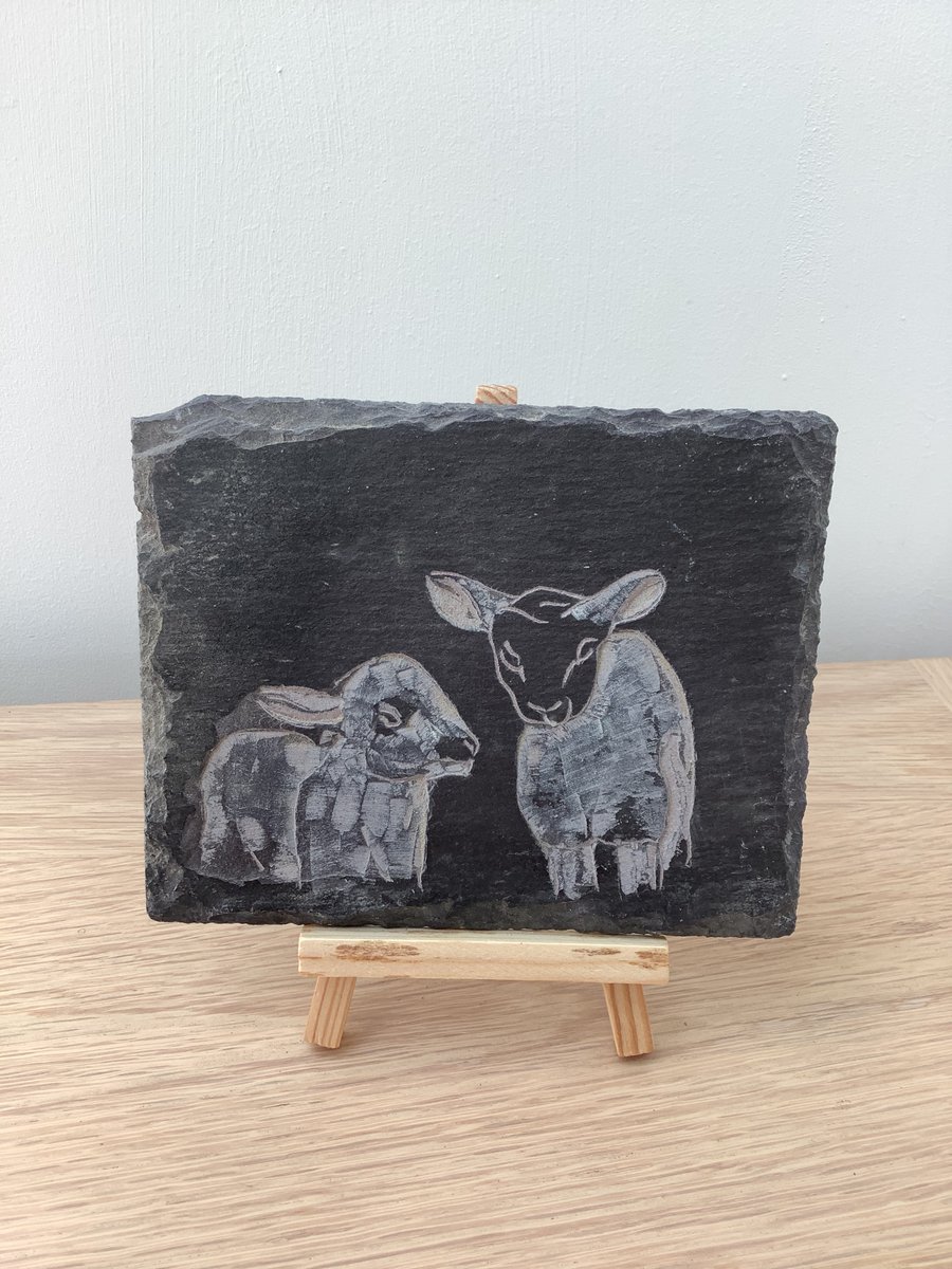 Lambs - two cute lambs picture - original art hand carved on slate
