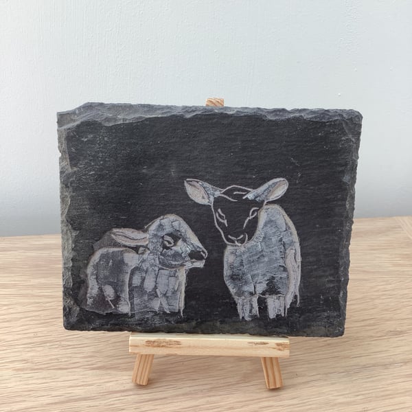 Lambs - two cute lambs picture - original art hand carved on slate
