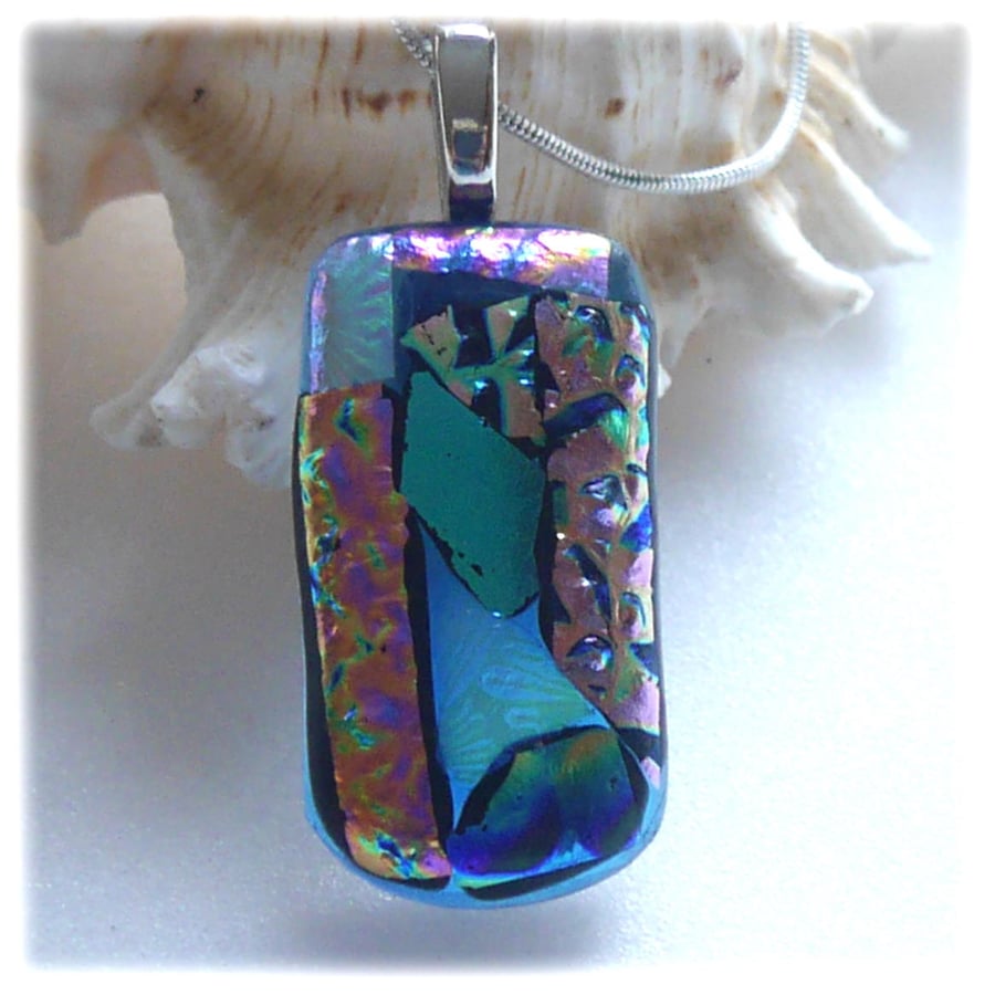 Dichroic Glass Pendant 217 Teal Patchwork handmade with silver plated chain