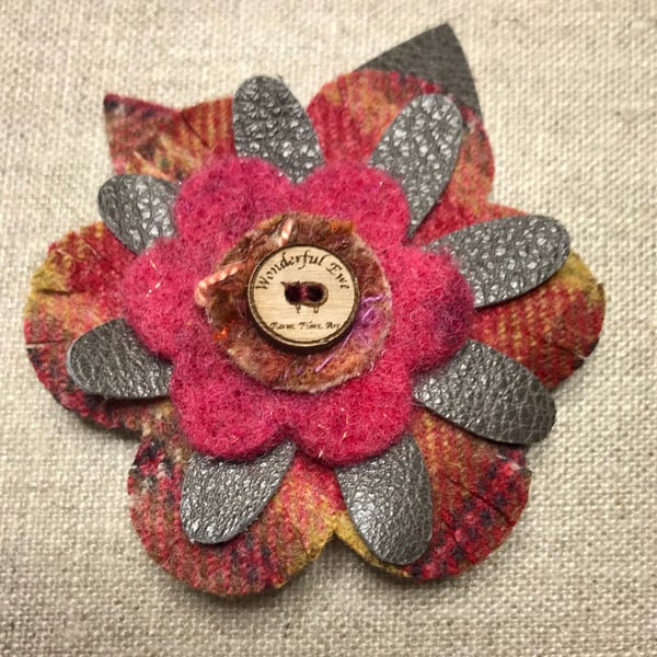Flower brooch. Pink brown grey floral flower textile fabric brooch hat accessory