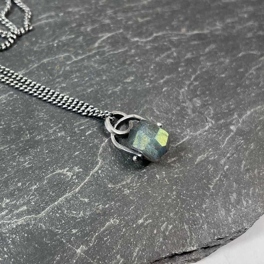 Oxidised sterling silver and labradorite pendant and chain.