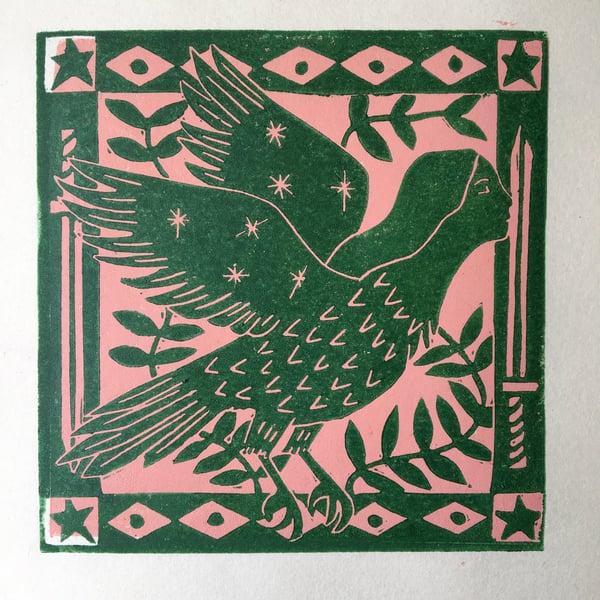 Harpy, pink and green linocut print on paper