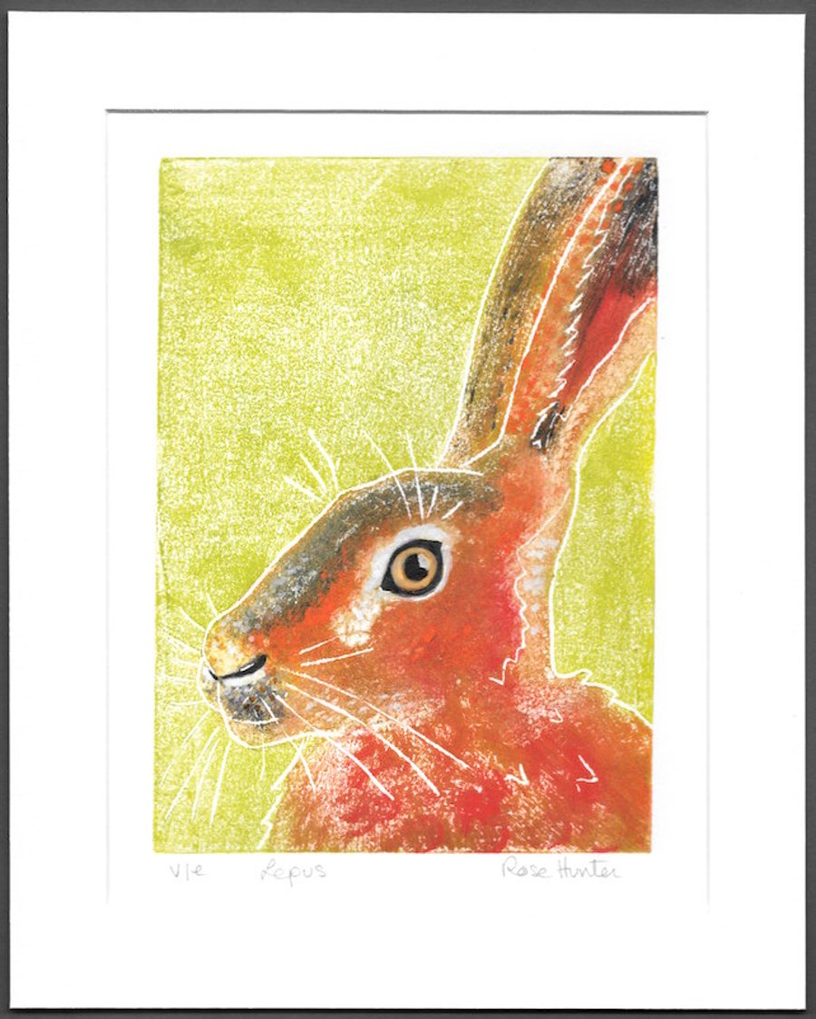 SALE lepus - brown hare, hand painted original lino print 004