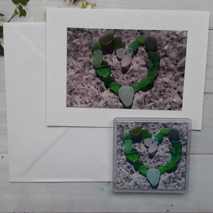Photo card and coaster of a Seaglass Heart. 