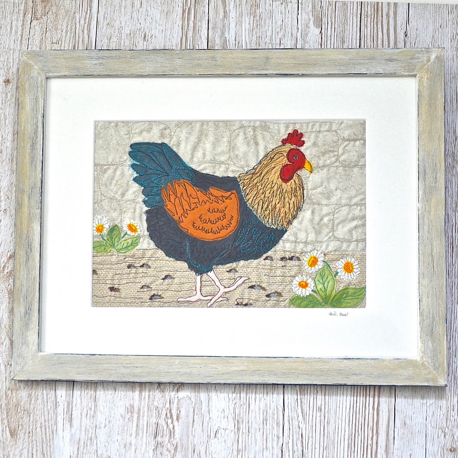 Embroidered fabric chicken picture - Copper Maran - Poultry Bird textile art