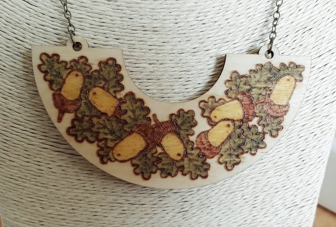Pyrography wooden oak leaves and acorns pendant