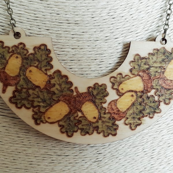 Pyrography wooden oak leaves and acorns pendant