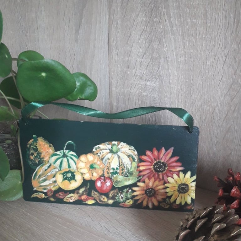 Autumn themed hanging decoration, handpainted on thin wooden board.   