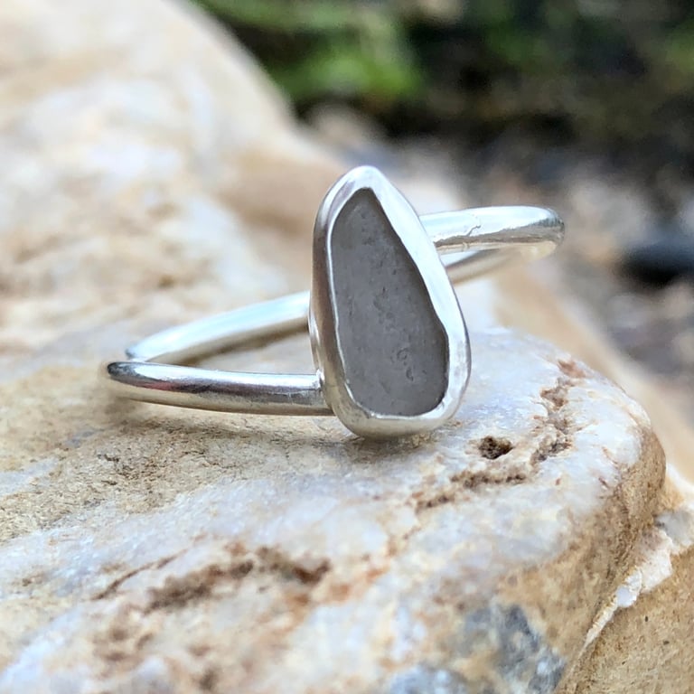 White Twist Sea Glass and Sterling Silver Ring- Size T  - 1198