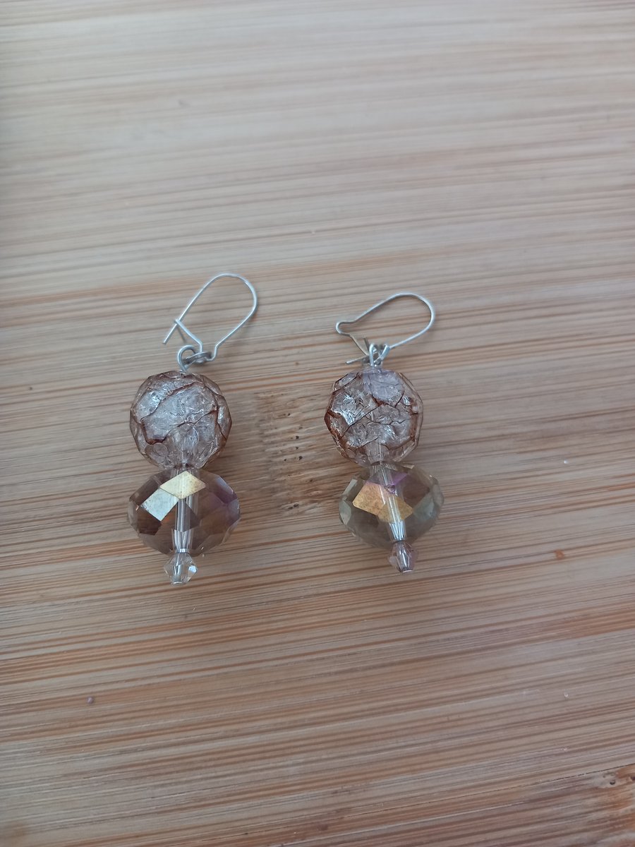 Peach crackle glass beaded dangle drop earrings