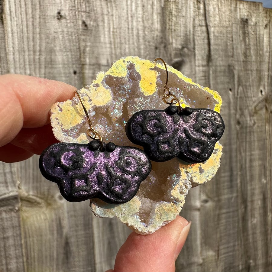 Purple & Black Moth Earrings Polymer Clay Gold Plated