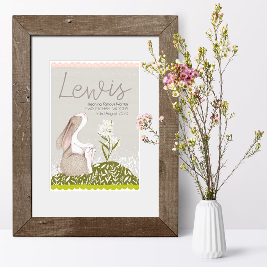 Little Hare Personalised Meaning of Name Print  - christening new baby gift