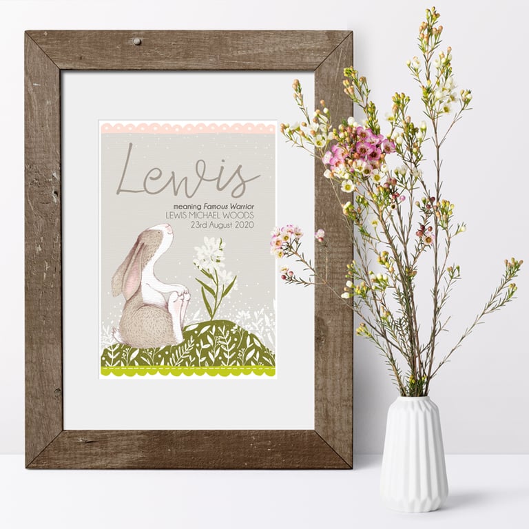 Little Hare Personalised Meaning of Name Print  - christening new baby gift