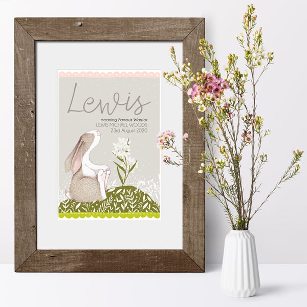 Little Hare Personalised Meaning of Name Print, christening baby gift