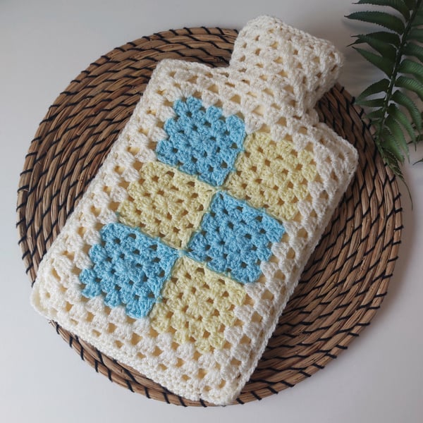 Crochet Hot Water Bottle Cover Granny Square Cream