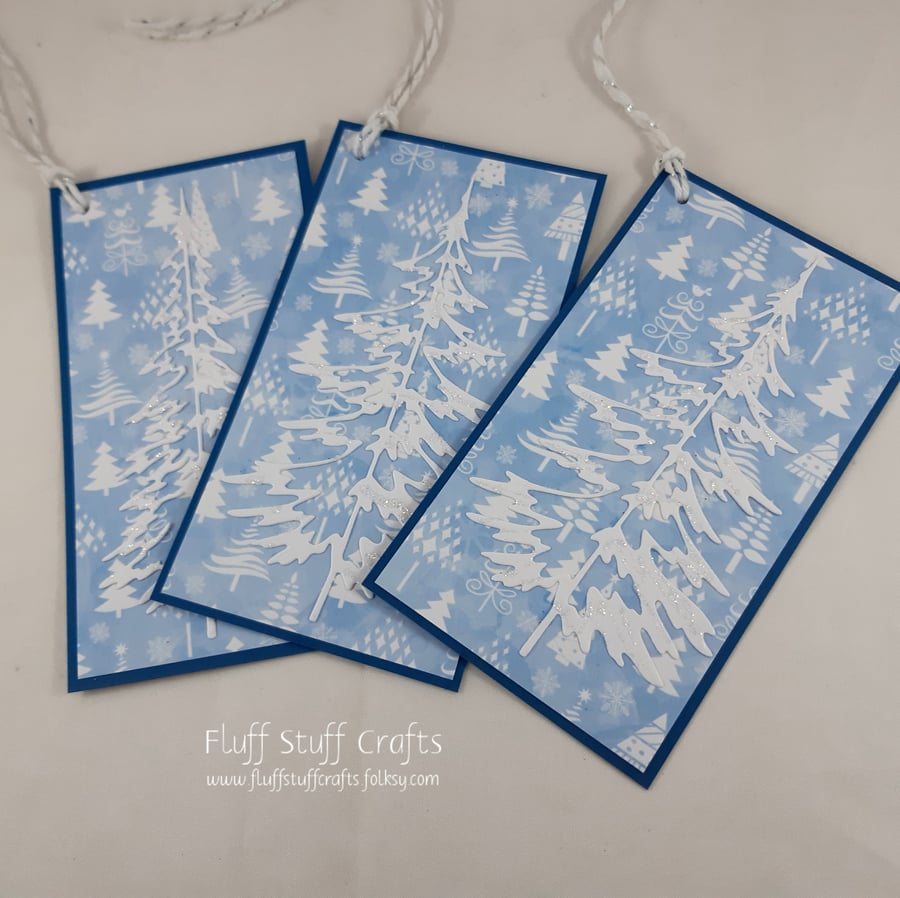 Pack of 3 handmade Christmas gift tags - glittered trees