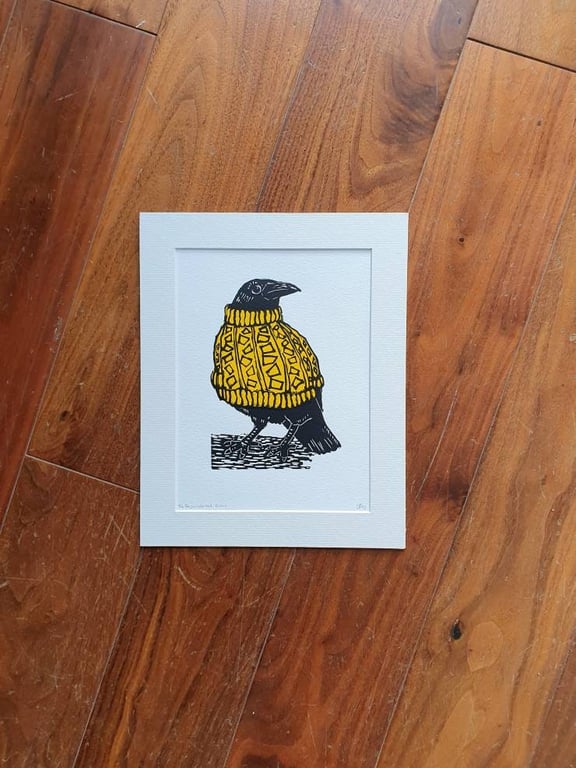 Crow wearing a mustard yellow jumper - handmade linocut bird art print