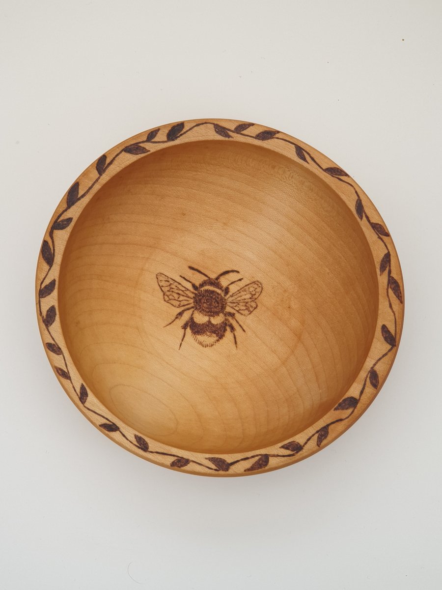 SECONDS SUNDAY SALE wooden bowl with bee pyrography design 