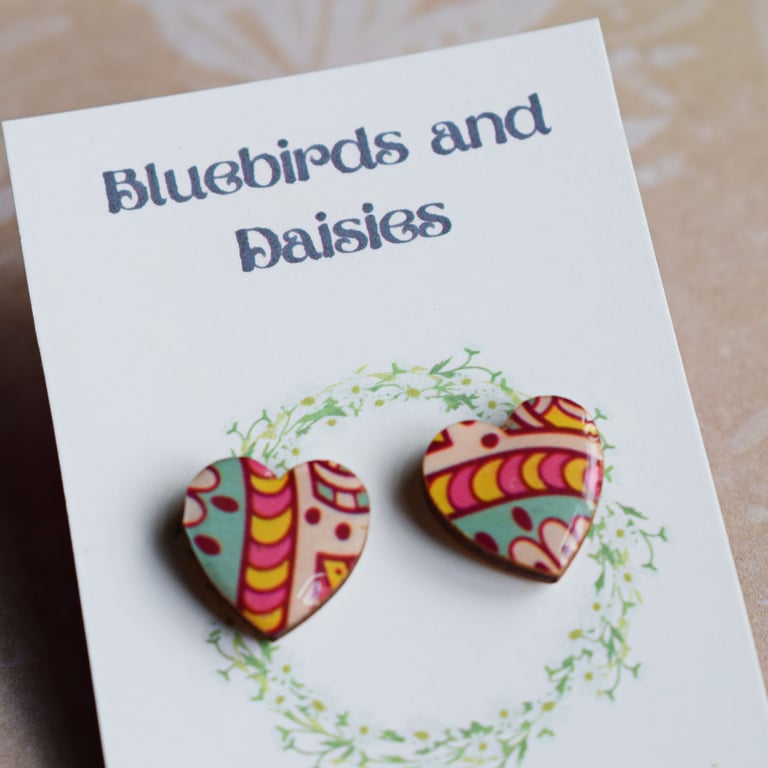 Colourful Heart Stud Earrings with Hypoallergenic Stainless Steel Posts