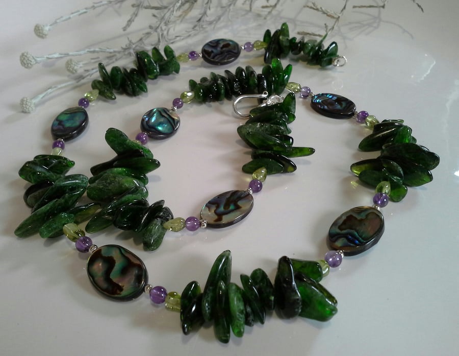 Russian Diopside, Abalone Shell, Peridot,  Amethyst Sterling Silver Necklace