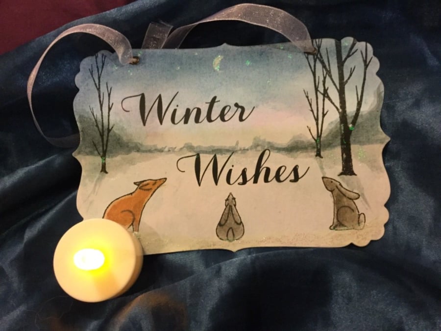 Winter Wishes Woodland Animals Christmas Sign - Fox, Hare and Rabbit