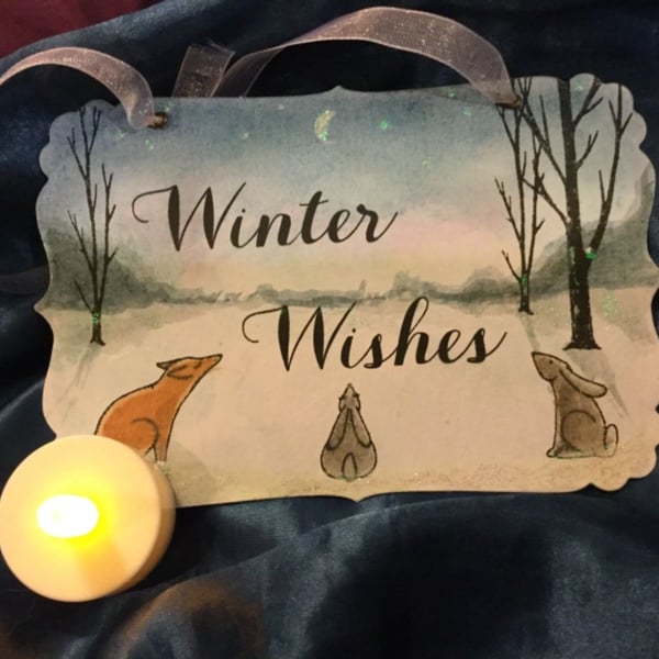 Winter Wishes Woodland Animals Christmas Sign - Fox, Hare and Rabbit