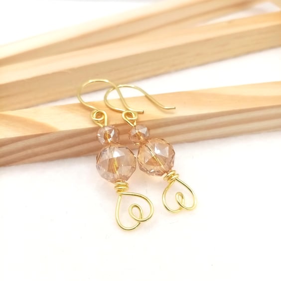 Champagne Gold Faceted Crystal Glass Drop Earrings, Glass Bead Dangle Earrings