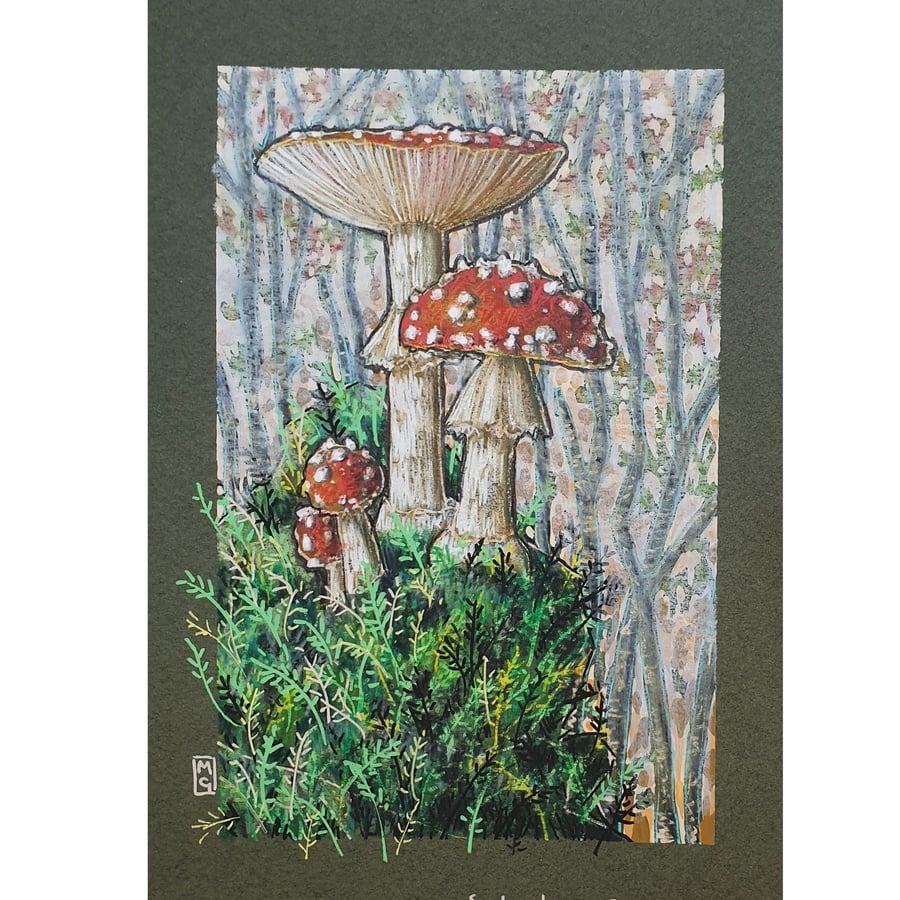 Fly Agaric Mushrooms in the Forest, small original artwork, mushroom drawing