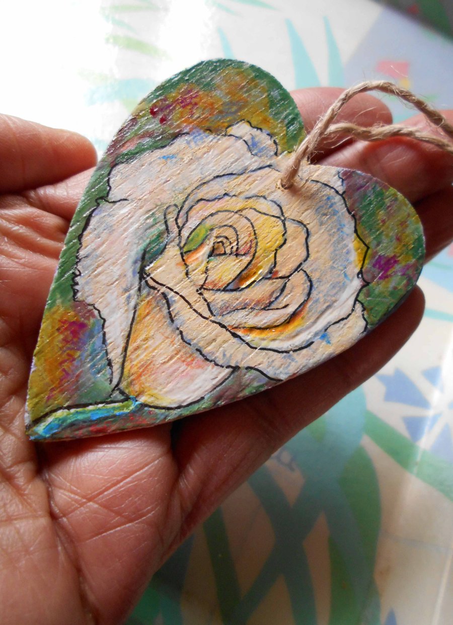 SALE ITEM - One of a Kind Handpainted White Rose Heart Deco, Wooden Heart