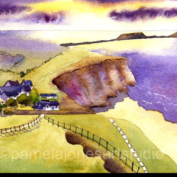 Watercolour Print :: Sunset, Rhossili Bay, Gower, wales, in 8 x 6'' Mount