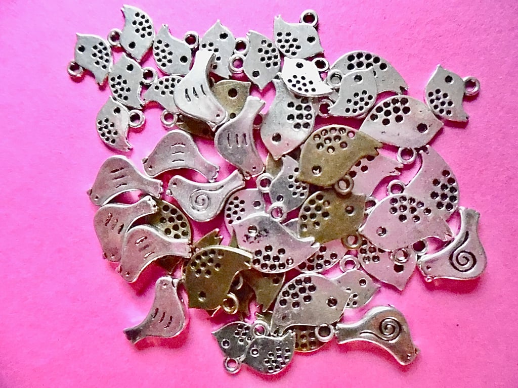 50 Tibetan Silver and Bronze  Bird Charms  and Spacer Beads