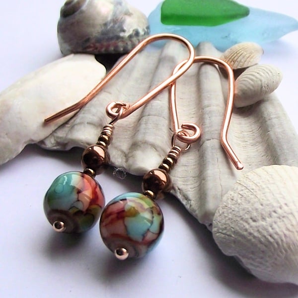 Blue ceramic bronze copper earrings