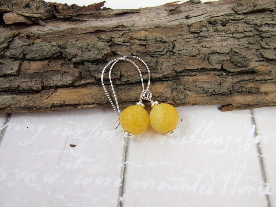 Earrings, Sterling Silver Long Drop with Bright Yellow Frosted Crackle Agate