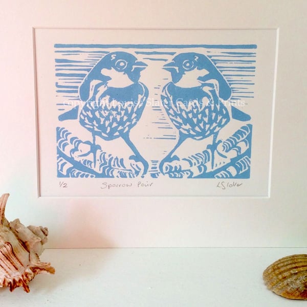 Blue Sparrow Pair Linocut Print