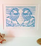 Blue Sparrow Pair Linocut Print - Image 1