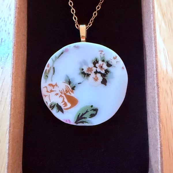 Upcycled bone china necklace floral flowers yellow