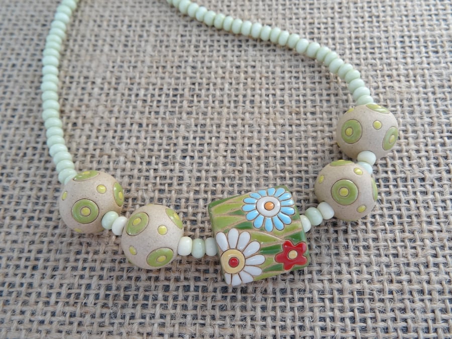 Ceramic Pillow Bead Necklace
