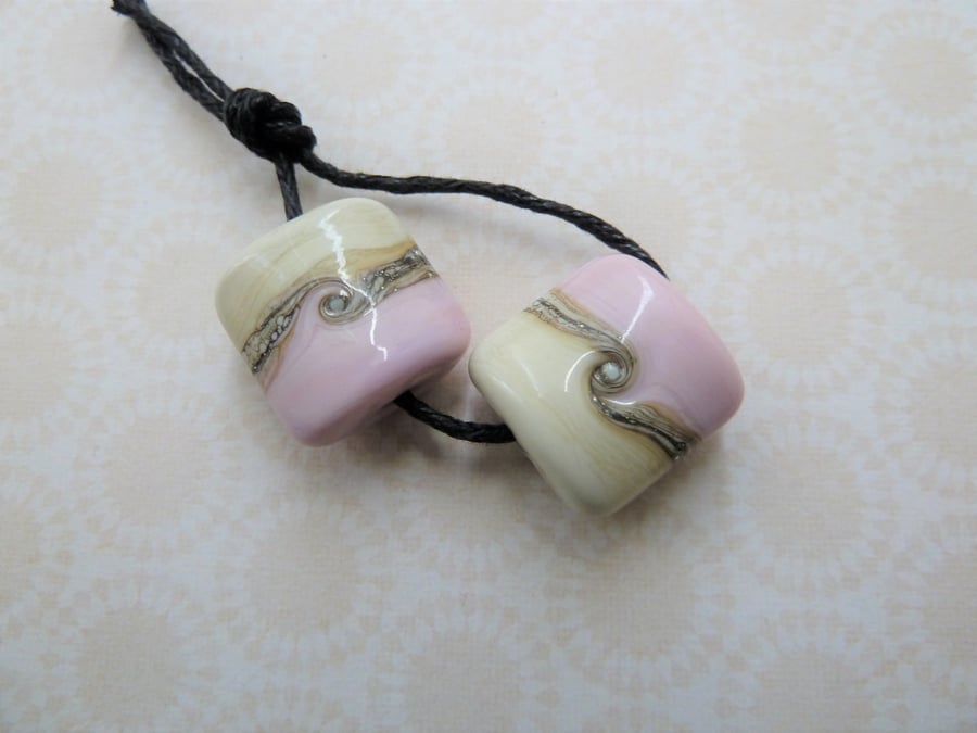 pink and ivory lampwork glass bead pair