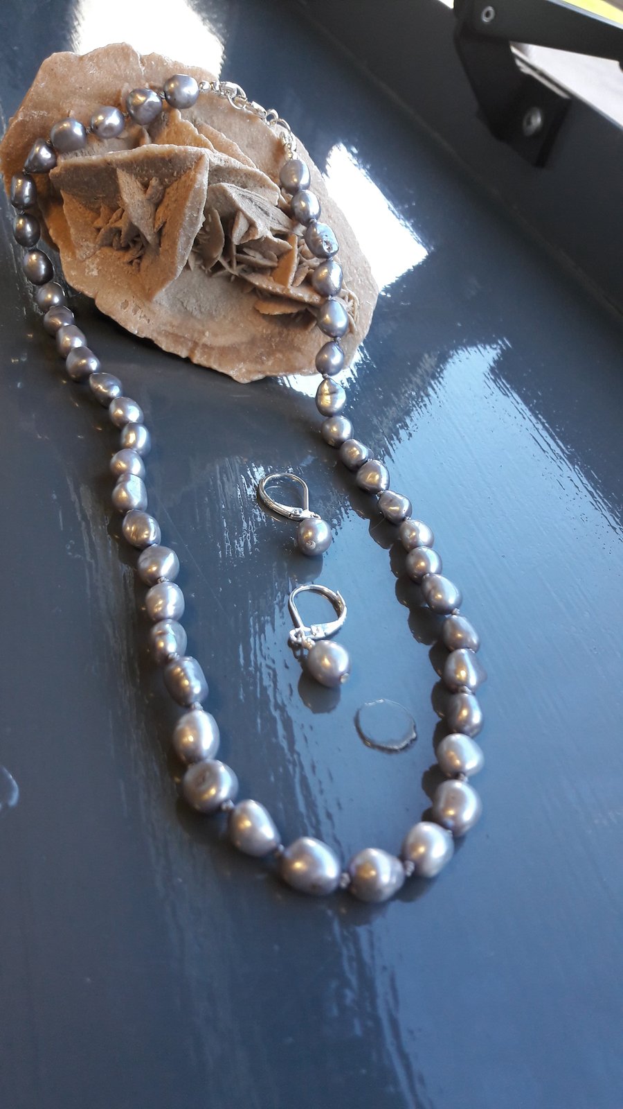 Silver Freshwater Cultured Pearls knotted on Grey Silk Necklace and Earrings