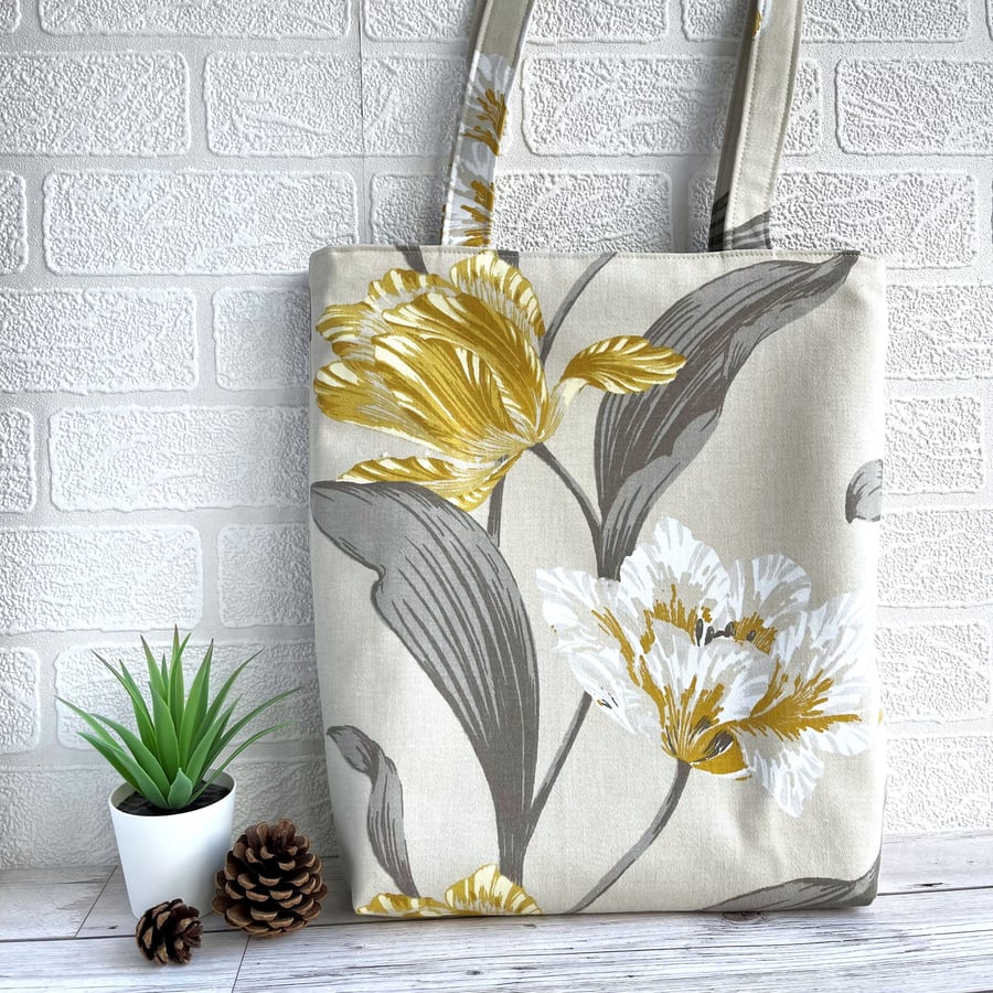 Floral Tote Bag with Large Tulips in Yellow and Grey