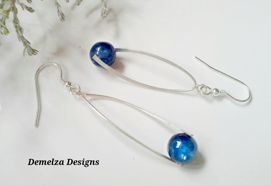 Himalayan Kyanite Long Contemporary Design Sterling Silver Earrings