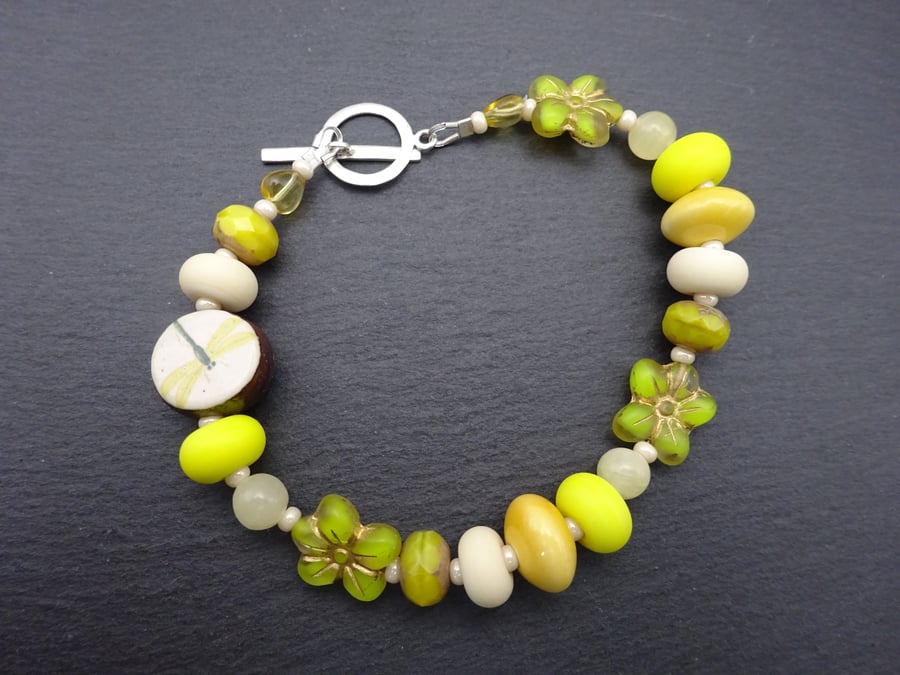 lampwork glass bracelet, yellow dragonfly ceramic jewellery